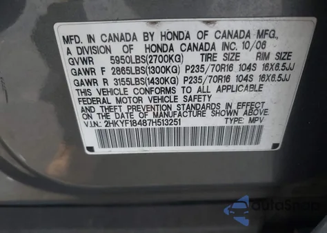 2007 Honda Pilot Ex z USA, uszkodzony, nr VIN 2HKYF18487H513251